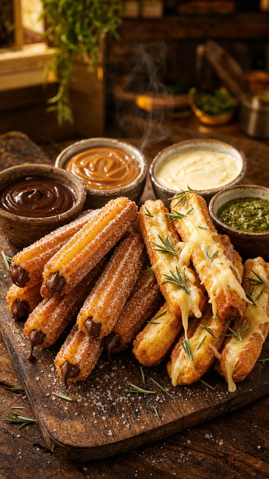 Churros artesanales dulces y salados con salsas
