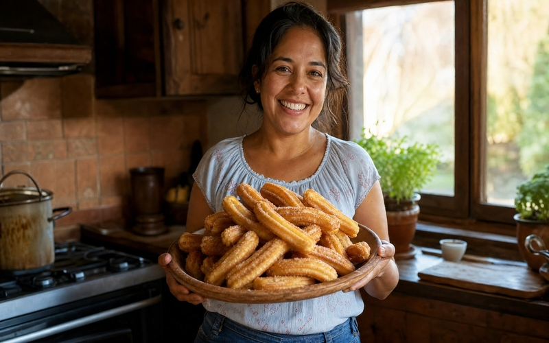 Mujer con churros en casa